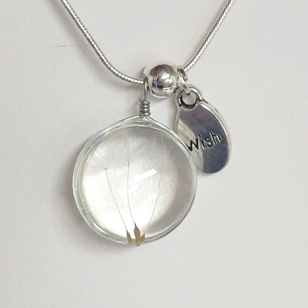 REAL GLASS & DANDELOINS 3D WITH WISH CHARM STERLING SILVER NECKLACE